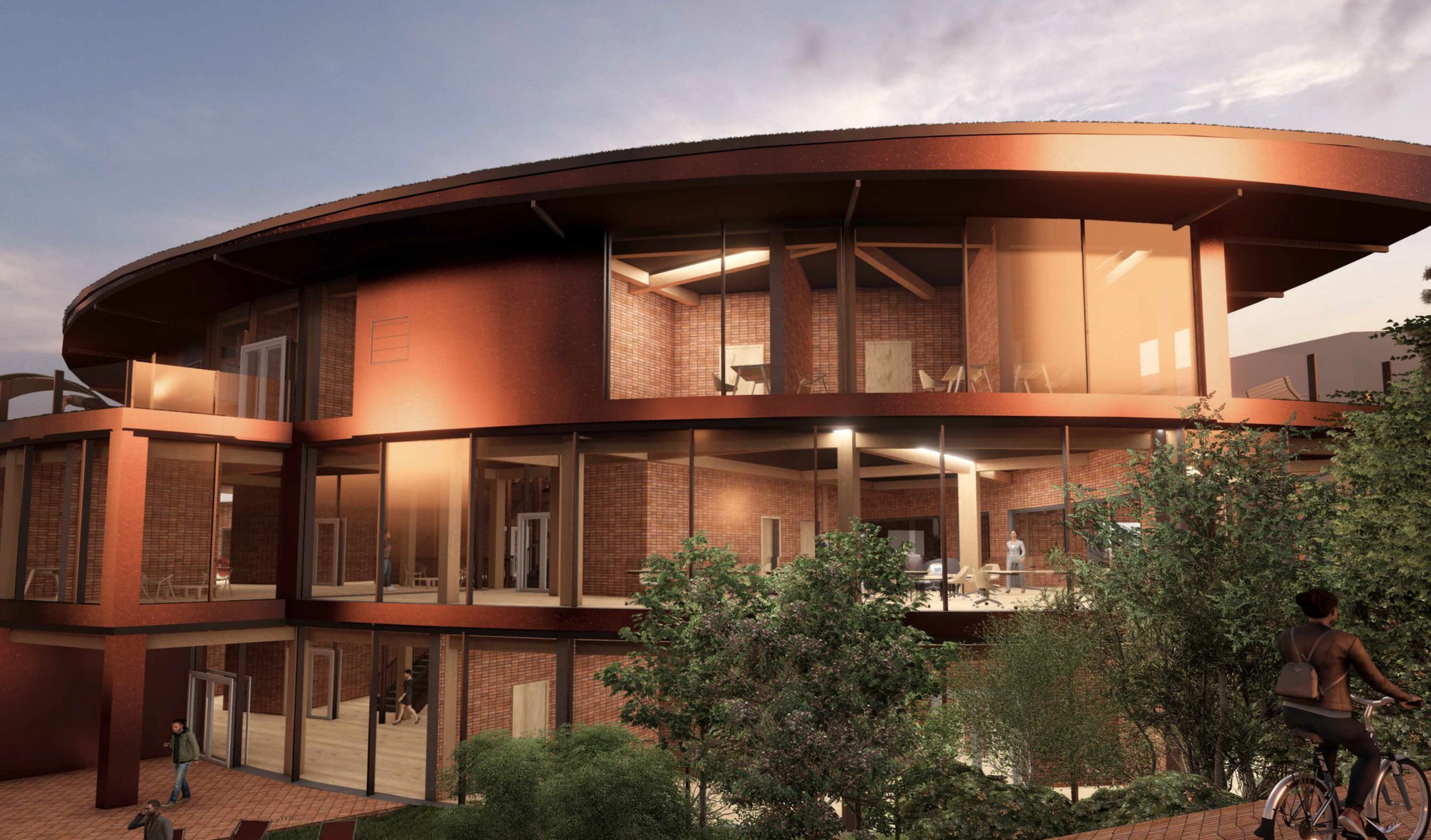 Stanford PBL Lab exterior rendering at dusk